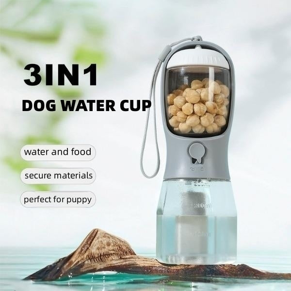 3-in-1 Portable Dog Water Bottle – Food, Water & Waste Bag Dispenser for Walks & Travel